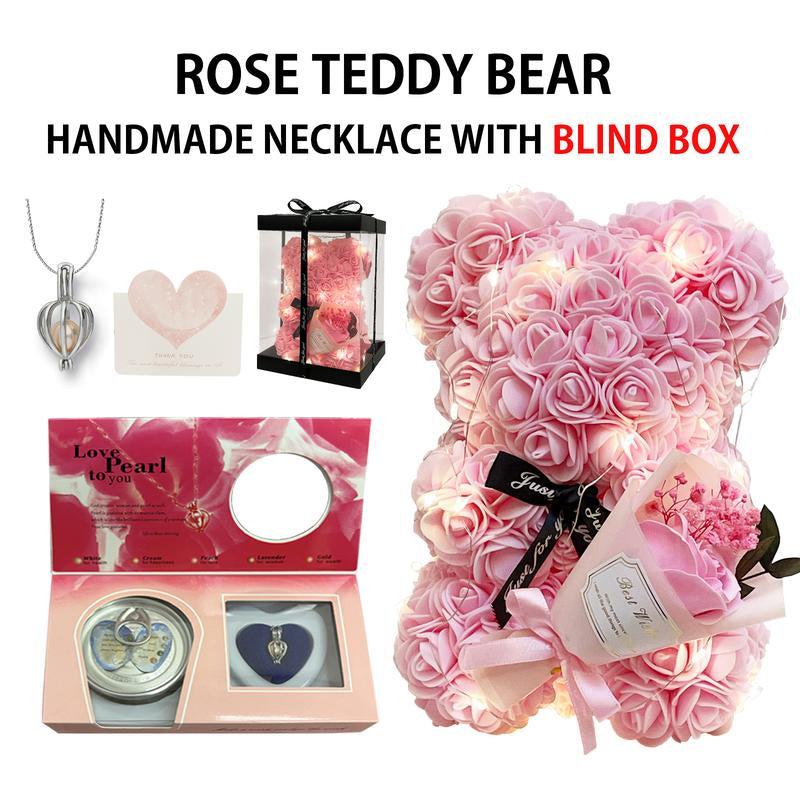 Romantic Valentines Day Gift for Her, Artificial Flowers Necklace Rose Teddy Bear with Real Pearl Blind Box Birthday Gift, Valentiness Day Gift for Monther Wify Girl