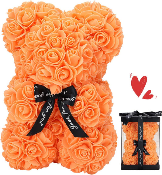ZFDEBY Rose Bear Rose Flower Bear Hand Made Rose Teddy Bear Best Artificial Decoration Gifts for Mothers Day, Valentines Day,Bridal,Weddings,The Perfect Party Clear Gift Box(13-Orange)