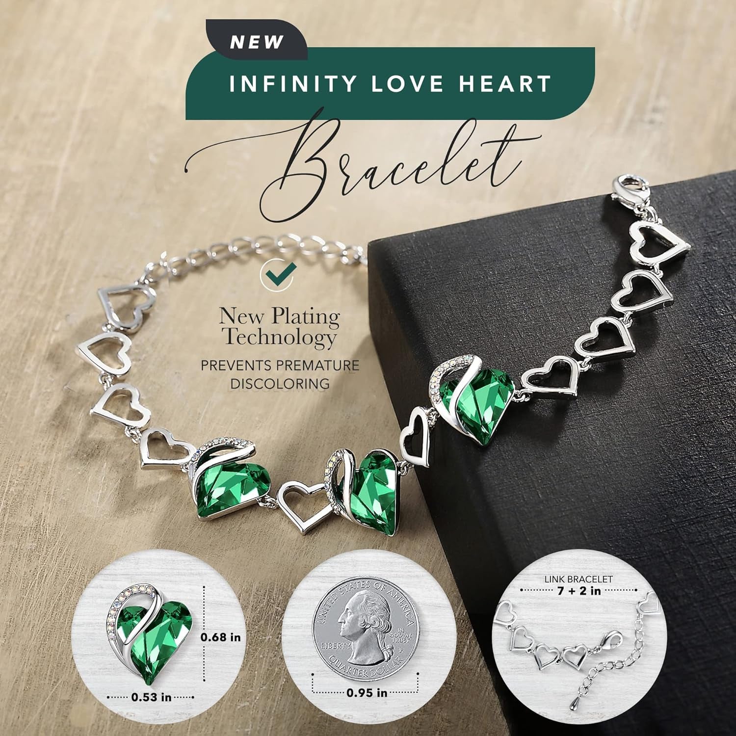 Infinity Love Heart Link Bracelets, Birthstone or Healing Stone Crystal Bracelet for Women, Silver Tone Jewelry Gifts for Her, 7-Inch Chain and 2-Inch Extender